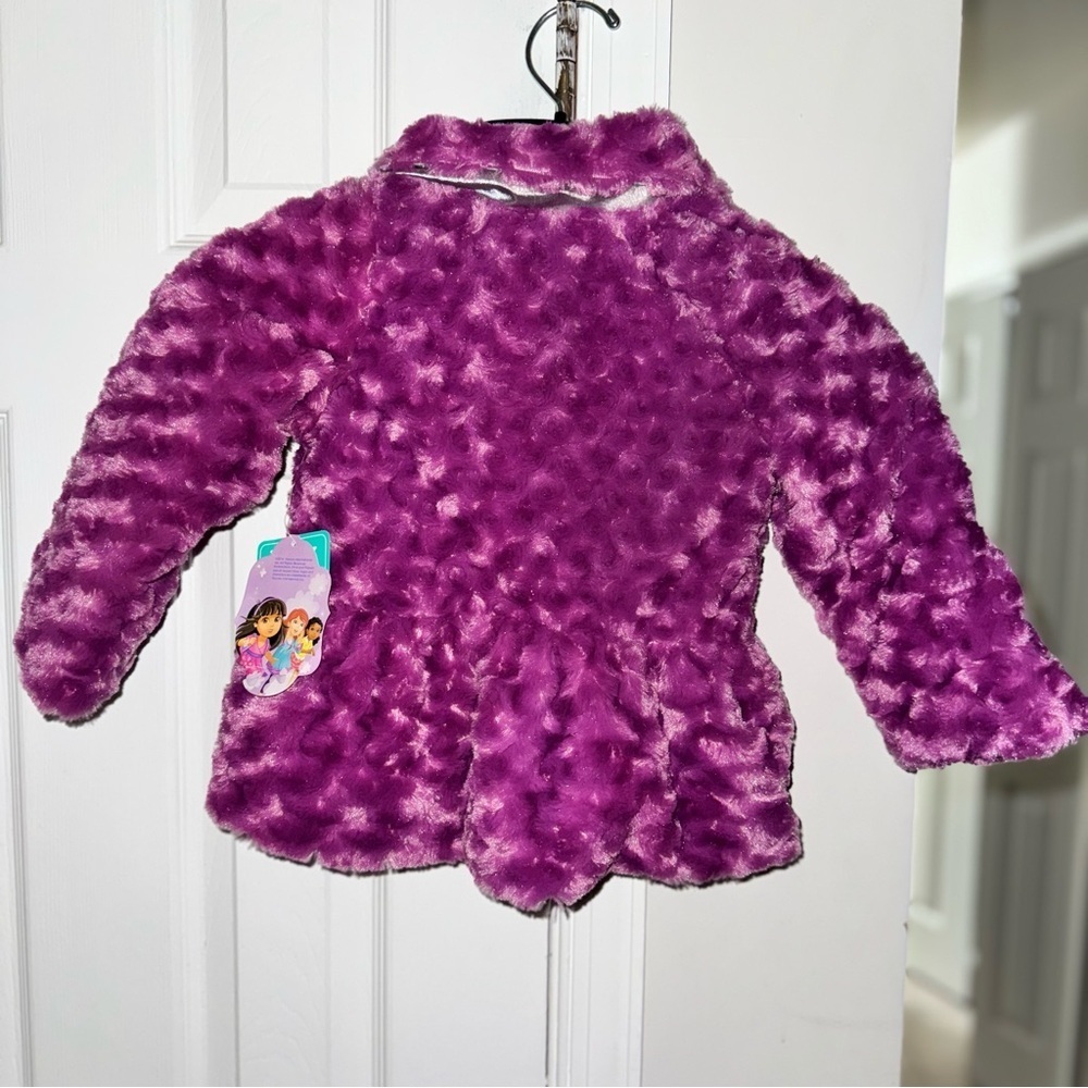 NICKELODEON Dora & Friends Girls 3T Purple Faux Fur Sparkle Jacket Coat Bows NWT - Picture 3 of 16